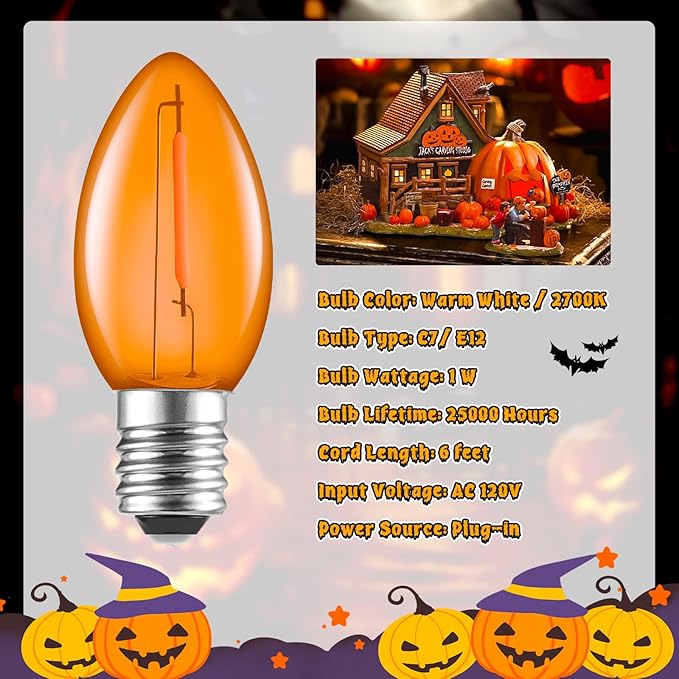 Accessory Cord with One LED Light Bulb - 6ft Cord with On/Off Switch for Halloween Pumpkin, DIY Craft Projects, Paper Lantern Halloween Decoration, Village House, Holiday Ceramic Trees, 2 Pack, Orange