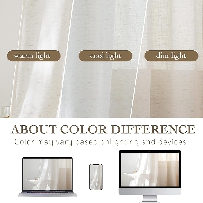 RYB HOME Linen Sheer Curtains Extra Long Window Drapes Light & Airy Translucent Panels for Bedroom Living Room, Office, Nursery, Rod Pocket Back Tab, Ivory, W 52 x L 102 inch, Set of 2