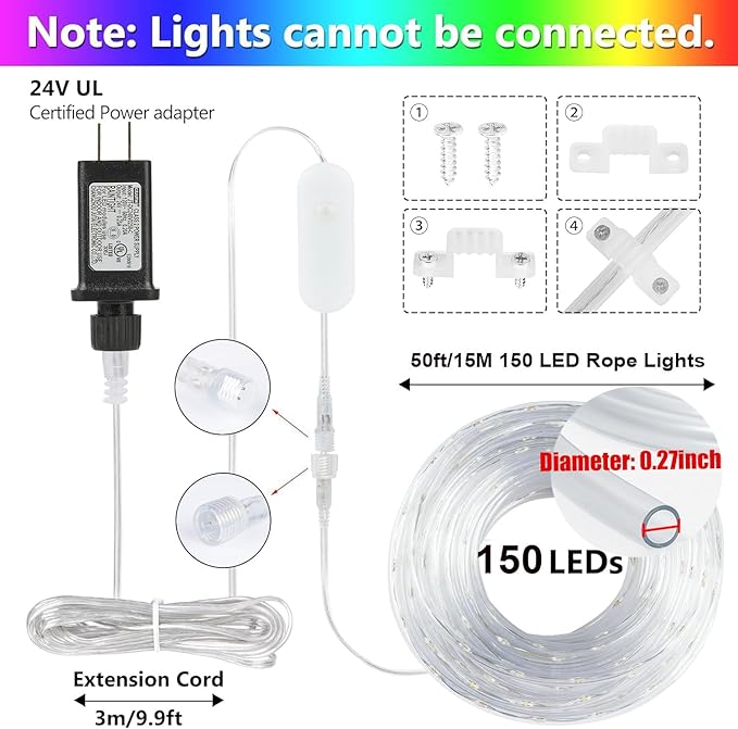 50ft 150LED Rope Lights Outdoor String Lights, 24 Colors+Warm White Outdoor LED Lights Plug in, RGB Color Changing Rope Light with Remote Rope Lighting for Camping Garden Patio Party Christmas