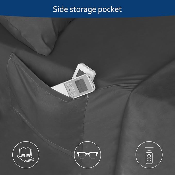 Deep Pocket Twin Sheets Set for Kids Air Mattress - Extra Deep Pocket Twin Sheet Sets - 3Pcs Side Storage Pocket Fitted Sheet & Pillowcases Easily Fits 16in to 24in Pillow Top Bed Mattress (Black)