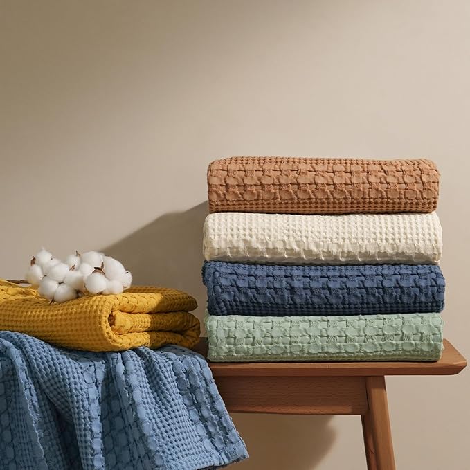 PHF 100% Cotton Waffle Weave Blanket Queen Size for Bed, Soft Lightweight & Breathable, All-Season Comfort, Luxury Aesthetic Woven Bedding for Home Decor, 90"x90", Oatmeal