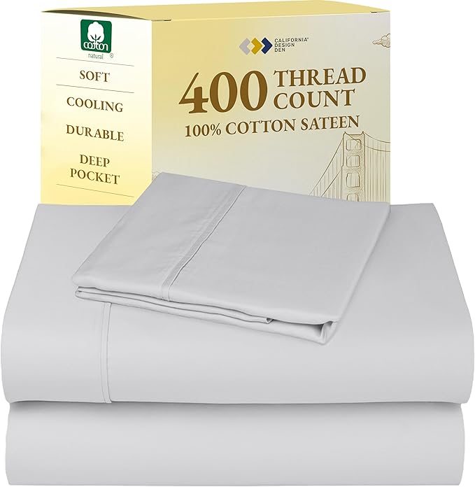 California Design Den Twin Bed Sheets Set - 400 Thread Count Sateen, Natural 100% Cotton Bedsheets, Deep Pockets with All Around Elastic, Soft, Cool and Durable Bedding - Silver