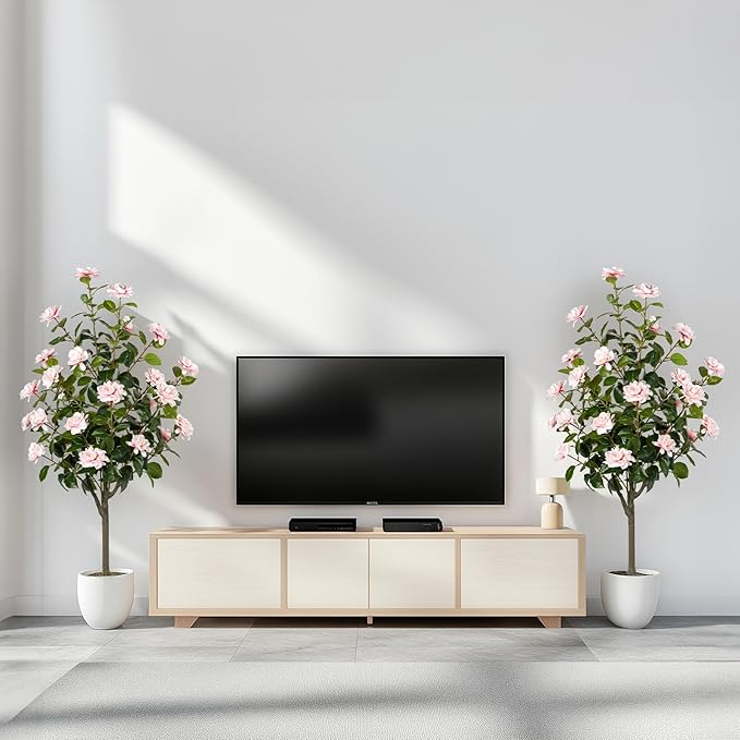 Artificial Camellia Tree 2 Pack, Artificial Plants Outdoor Faux Floral Plant in Cement Pot Fake Silk Camellia Tree Plants for Home House Living Room Office Decor