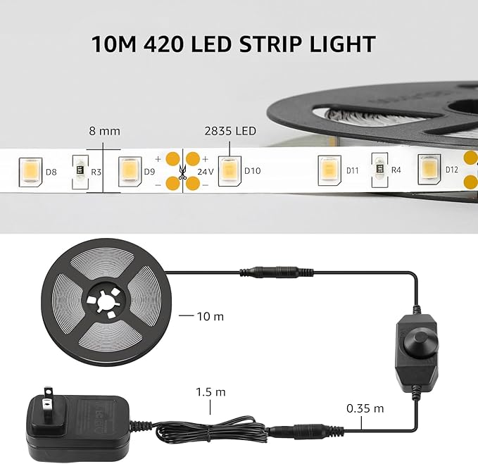 Lepro LED Strip Light, 32.8Ft Dimmable Vanity Lights, 6000K Super Bright LED Tape Lights, 420 LEDs SMD 2835, Strong 3M Adhesive, Suitable for Home, Kitchen, Under Cabinet, Bedroom, Daylight White