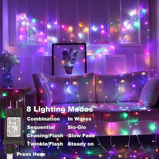 66Ft 200LED Multicolor Christmas Lights Plug in,Connectable Christmas Tree Lights,8 Modes String Lights Indoor Outdoor for Tree Party Bedroom Garden Decor (Clear Wire)
