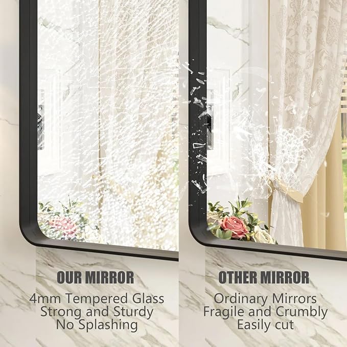 28x32 Inch Black Metal Framed Bathrrom Mirror for Wall, Matte Black Rectangle Mirror, Rounded Corner, Anti-Rust (Horizontal/Vertical)
