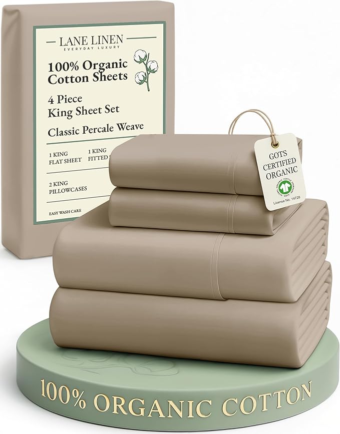 LANE LINEN 100% Organic Cotton Sheets Set, Long- Staple Percale Weave Ultra Soft Best- Bedding Sheets for Bed, GOTS Certified, Fits Mattress Upto 15inch Deep Pocket (King, Taupe)