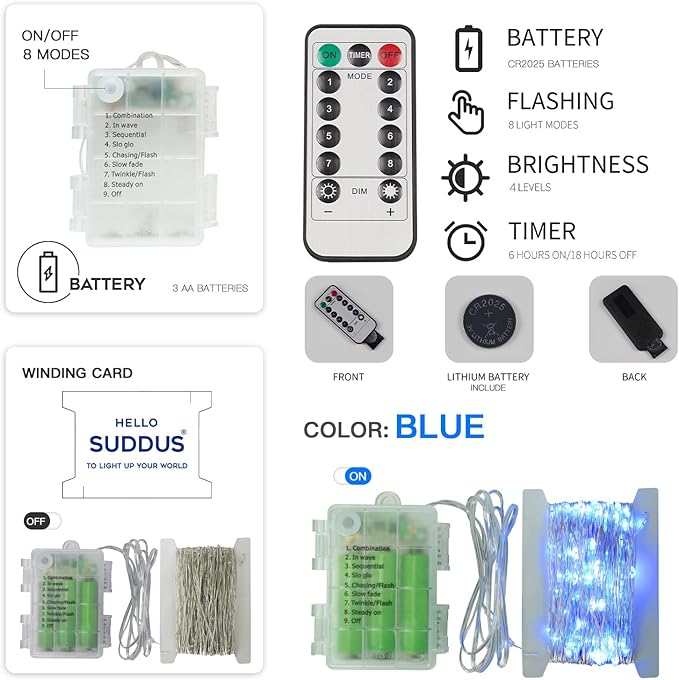 suddus 33ft 100 LED Outdoor String Lights, Blue Fairy Lights Battery Operated with Remote, Led Twinkle Lights for Bedroom, Backyard, Wedding, Tree, Mason Jar, Wall, Centerpiece, Christmas