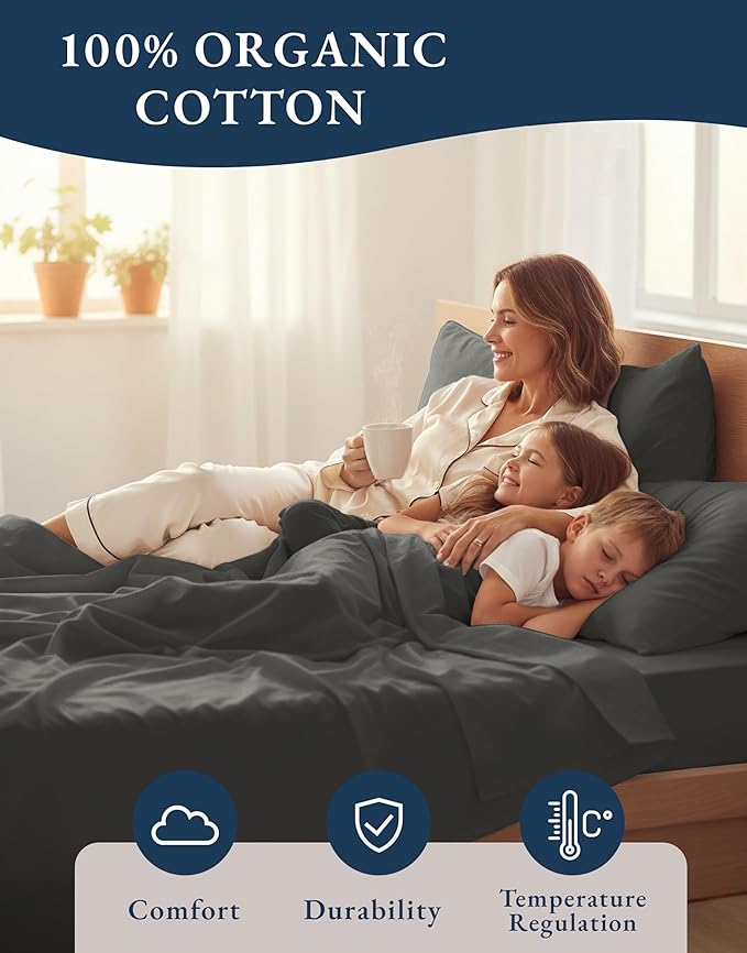LANE LINEN 100% Organic Cotton California King Sheets Set, Fully Elasticized Reinforsed Seams in Fitted Pocket, Machine Washable All Season Cal King Sheet Deep Pocket Bedding-Charcoal
