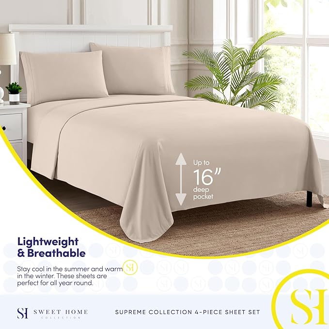 Split King Sheets - Breathable Luxury Sheets with Full Elastic & Secure Corner Straps Built In - 1800 Supreme Collection Extra Soft Deep Pocket Bedding Set, Sheet Set, Split King Size, Beige
