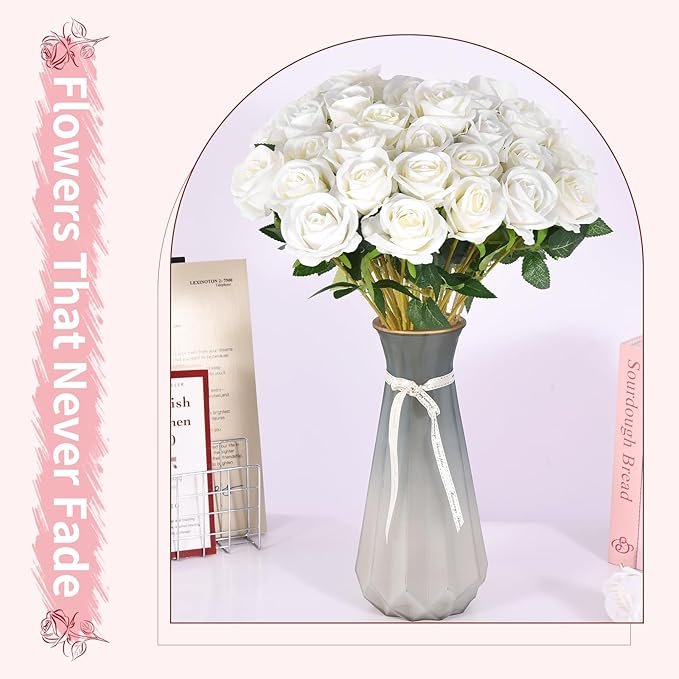 52 PCS White Artificial Roses Bulk, Fake Artificial Flowers Bridal Bouquet Silk Faux Rose with Stems for Wedding Flowers Decoration, Valentine's Day, Bridal Bouquet, Anniversary, Home Decor (52PCS)
