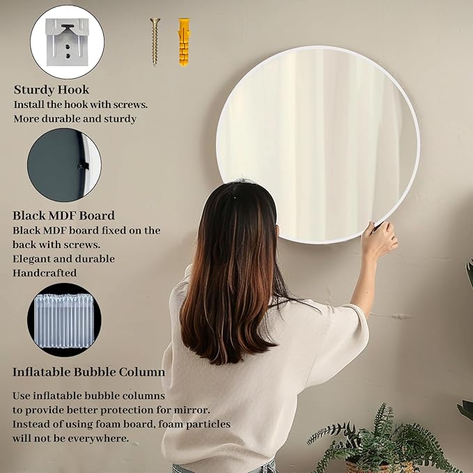 White Circle Mirror, Round Mirror 20 inch, White Round Mirrors Matte Metal Frame, Circle Mirrors for Bathroom, Bedroom, Living Room, Hallway.