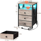 AMHANCIBLE Night Stand Set 2, LED Nightstand with Charging Station, End Side Tables with USB Port & Outlet, Bedside Table with 3 Fabric Drawers for Bedroom Living Room, Greige, HET053LGY