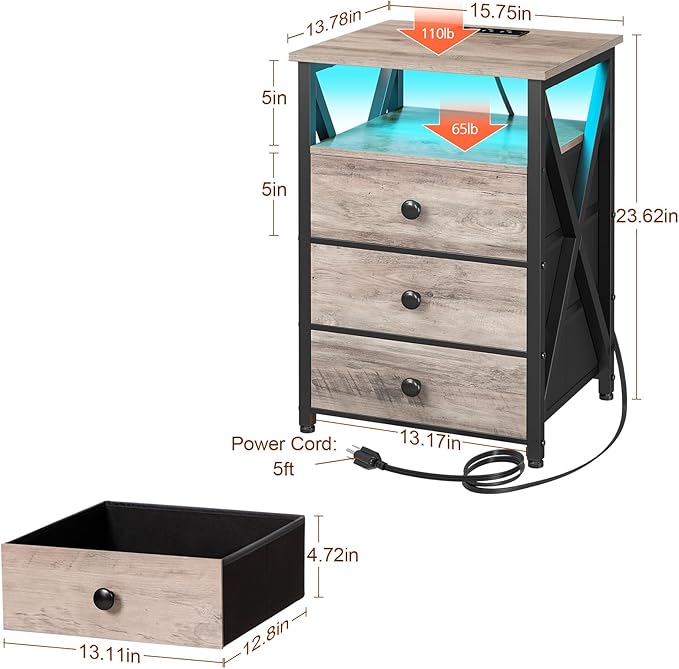 AMHANCIBLE LED Night Stand, Nightstand with Charging Station, Smart End Side Table with USB Port & Power Outlet, Bedside Table with 3 Fabric Drawers for Bedroom, Living Room, Greige HET053LGY1
