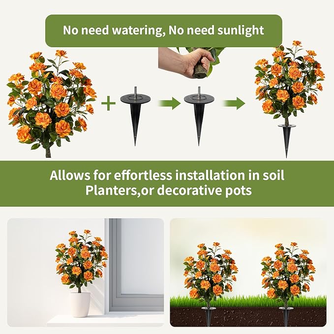 Artificial Camellia Tree 3 Pack with Spike, Artificial Plants Outdoor Faux Floral Plant in Cement Pot Fake Silk Camellia Tree Plants for Home House Living Room Office Decor