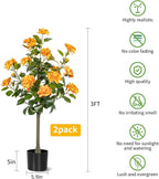 Artificial Camellia Tree 2 Pack, Artificial Plants Outdoor Faux Floral Plant in Cement Pot Fake Silk Camellia Tree Plants for Home House Living Room Office Decor