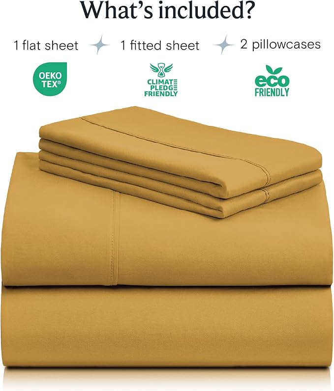 LuxClub 4 PC Queen Sheet Set, Deep Pockets Wrinkle Free Cooling Bed Sheets Hotel Bedding for Women, Men, Kids & Teens, Includes 1 Fitted Sheet, 1 Flat Sheet and 2 Pillowcases - Medallion Gold