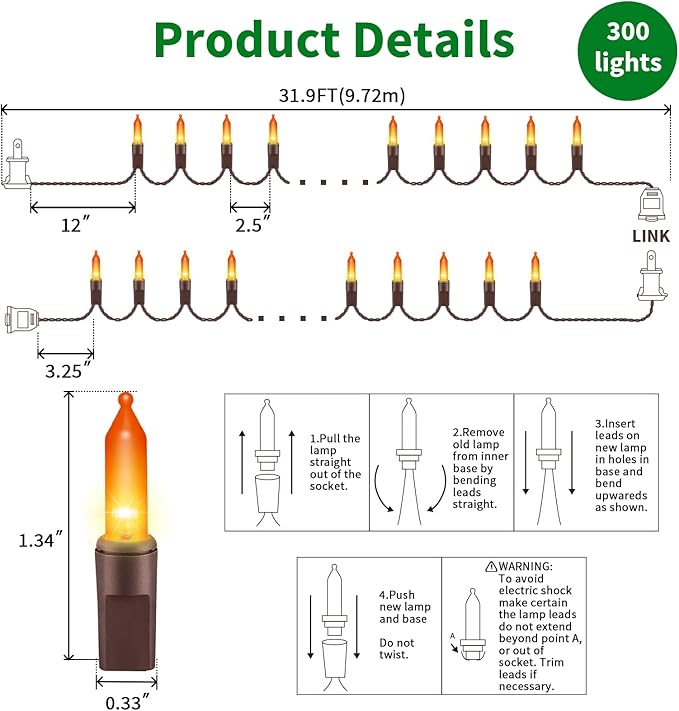 LAMPHOME Super-Bright Extendable Orange Christmas Lights Decoration 300Lights 63.8ft(2pk of 150L) UL Certified Mini Bulb String Light Set for Outdoor Halloween Home Christmas Tree Garden Holiday Decor