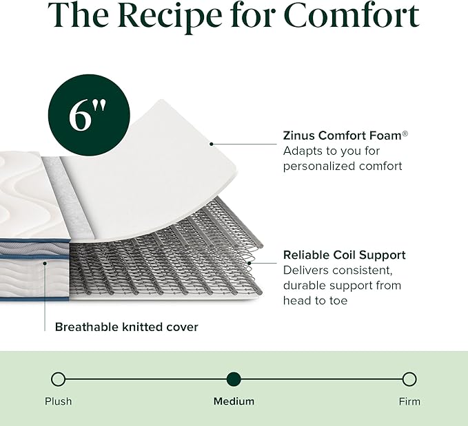 ZINUS 6 Inch Spring Sensation Hybrid Mattress [New Version], Full, Fiberglass Free, Medium Firmness, Durable Support, Certified Safe Foams & Fabric, Mattress in A Box