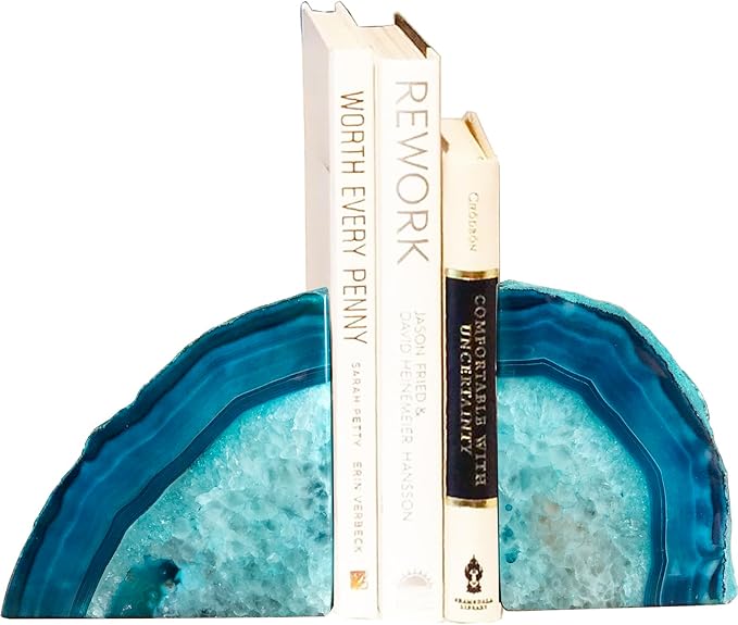 AMOYSTONE Bookends Agate Decorative Book Ends for Shelves Heavy Duty Crystal Stone Bookends Dyed Teal with Rubber Bumpers 1 Pair, 3-4 LBS