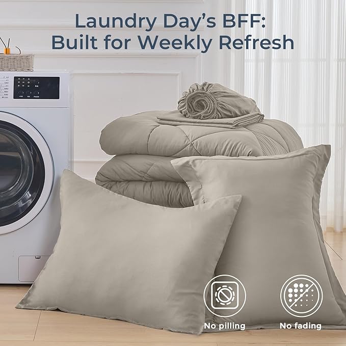 HEVUMYI Oatmeal Twin Comforter Set - 5-Piece All Season Bed in a Bag Twin, Ultra Soft Bedding Set with Comforter, Flat Sheet, Fitted Sheet, Pillowcases, Pillow Shams
