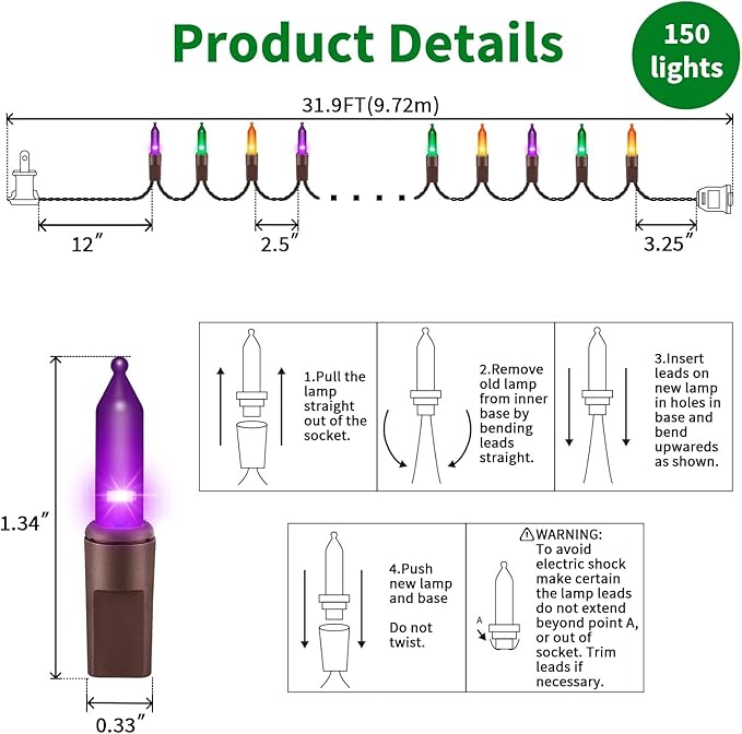 LAMPHOME Super-Bright Extendable Orange Purple and Green halloween Lights Decoration 150Lights 31.9ft UL Certified Mini Bulb String Lights Set for Outdoor Halloween Christmas Tree Garden Holiday Decor