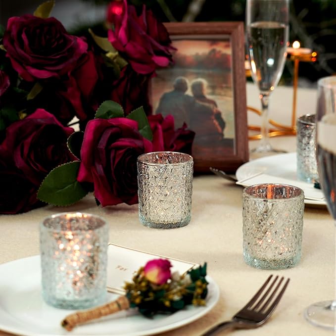 Homemory 12 Pack Silver Glass Votive Candle Holders, Tealight Candle Holder, Vintage Candle Holders Bulk for Table Centerpieces, Christmas, Baby Showers, Birthday, Wedding, Party
