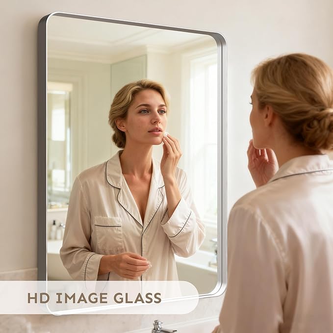 30x20"Bathroom Vanity Mirror for Wall, Aluminum Framed, Farmhouse Rectangle, Anti-Rust, HD Reflection Anti-Desilvering, Distortion Free, Tempered and Shatter-Proof Wall Mounted Mirror, Silver