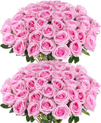 Hananona 50 Artificial Roses in Bulk, Fake Silk Pink Roses Realistic Roses for Wedding Centerpieces Flower Arrangement Home Decor (50, Pink)