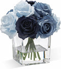 WELL KNOWN Rose Artificial Flowers in Vase with Faux Water, Silk Rose Table Centerpieces for Home Coffee Table Decor, Fake Roses Flower Arrangements for Office Hotel Lavatory Decor (Blue)