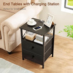 AMHANCIBLE Night Stand Set 2, Black Nightstand with Charging Station, End Tables Living Room with USB Ports and Outlets, Bedside Table with Fabric Drawers for Bedroom, HET05XBK