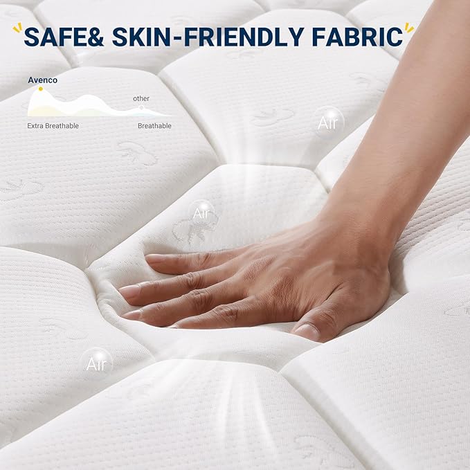 Avenco 8 Inch Queen Size Mattress, Foam and Spring Hybrid Mattresses in a Box, Medium Soft, Breathable Fabric & Adaptive Support, CertiPUR-US Certified, Queen Mattress in Guest and Kids Bedroom