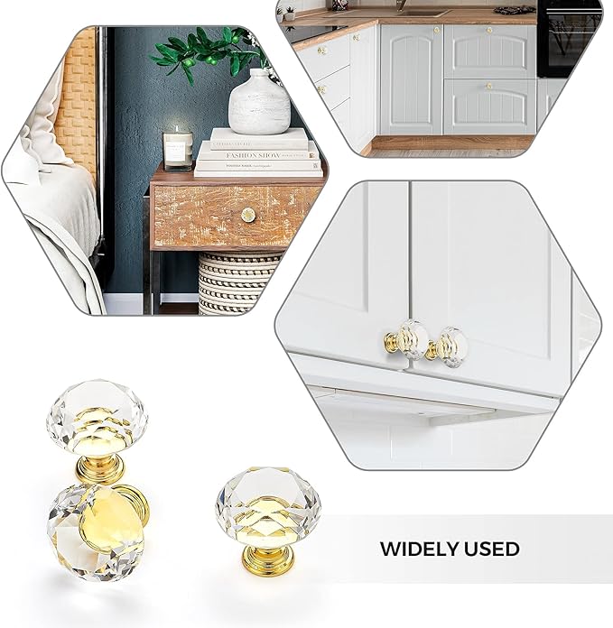 Ravinte Crystal Knobs for Dresser Drawers & Glass Cabinets - Diamond Shaped, 30 mm with Gold Base