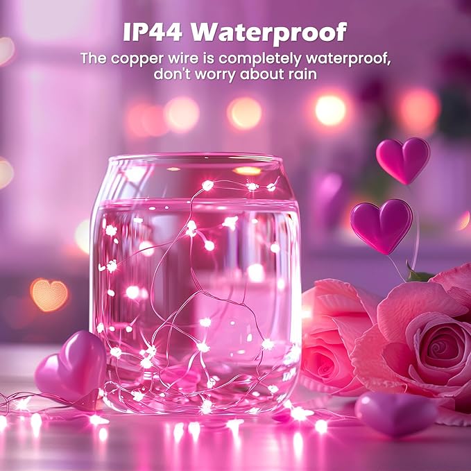 5 Pack Fairy Lights Battery Operated, 7 Feet 20 Led String Lights with Timer, Waterproof Firefly Lights on Silver Wire for Home Party Wedding Christmas Decorations, 6 Hours on/18 Hours Off, Pink