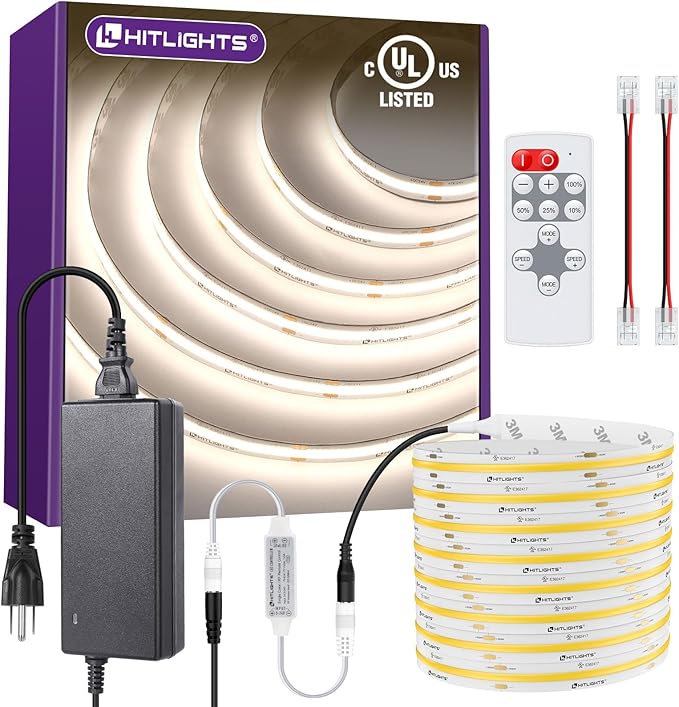 HitLights COB White LED Strip Lights Kit with Remote & 24V Power Supply, 16.4ft Dimmable Tape Light 4000K, 2560LEDs, 350+ LM/FT, UL Listed, Flexible Rope Lights for Bedroom, Kitchen, Cabinet Lighting