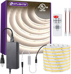 HitLights COB White LED Strip Lights Kit with Remote & 24V Power Supply, 16.4ft Dimmable Tape Light 4000K, 2560LEDs, 350+ LM/FT, UL Listed, Flexible Rope Lights for Bedroom, Kitchen, Cabinet Lighting