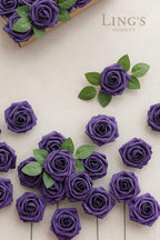 Ling's moment Artificial Flowers 25Pcs Deep Purple Roses Decor w/Stems,3" Real Touch DIY Foam Floral for Wedding Bouquet/Centerpieces, Outdoors Party Backdrop, Room/Table, and Garden/Pot Decorations