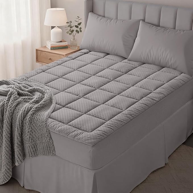 OLANLY Twin XL Quilted Fitted Mattress Pad – Soft Down Alternative Pillow Top Mattress Topper, Cooling Comfort Breathable Mattress Cover, Machine Washable Deep Pocket Mattress Protector, Light Grey