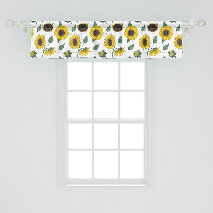 Ambesonne Sunflower Window Valance, Agricultural Pattern Botanical Inspiration Hand-Drawn Flowers, Curtain Valance for Kitchen Bedroom Decor with Rod Pocket, 54" X 12", Reseda Green Dark Brown