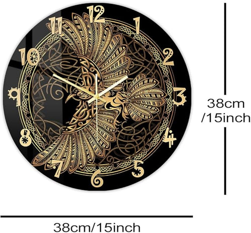 15 Inch Scandinavian Tattoo Odin's Celtic Raven Wall Clock, Norse Viking Man Cave Wall Clock Runic Symbols Crow Vintage Decorative Silent Non Ticking Battery Wall Watch Clock for Living Room
