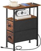 HOOBRO End Table with Charging Station, Narrow Side Table with 2 Fabric Drawers, Skinny Nightstand with Storage, Slim Bedside Table for Living Room, Small Spaces, Rustic Brown and Black BF487UBZ01