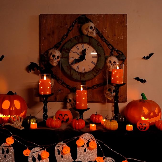Homemory Halloween Orange Flameless Candles with String Lights, Battery Operated LED Candles with Remote and Timer, Candles for Halloween Decoration, Fall, Harvest Festival