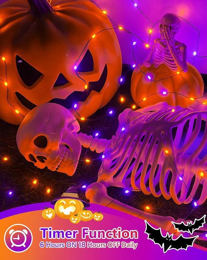 4 Pack 60LED Orange & Purple Fairy Lights Battery Operated with Timer, 20FT Waterproof Christmas Lights Outdoor Indoor, Black Wire String Lights for Bedroom, Party, Centerpiece, Christmas Decorations