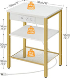 HOOBRO End Table with Charging Station and USB Ports, 3-Tier Nightstand with Adjustable Shelves, Small Side Table for Small Space in Living Room, Bedroom and Balcony, White and Gold DW112BZ01G1