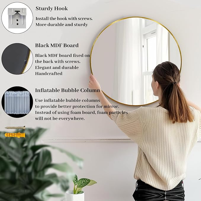 Gold Circle Mirror, Round Mirror 20 inch, Gold Mirror Metal Frame, Round Wall Mirrors for Bathroom, Bedroom, Living Room, Entryway.
