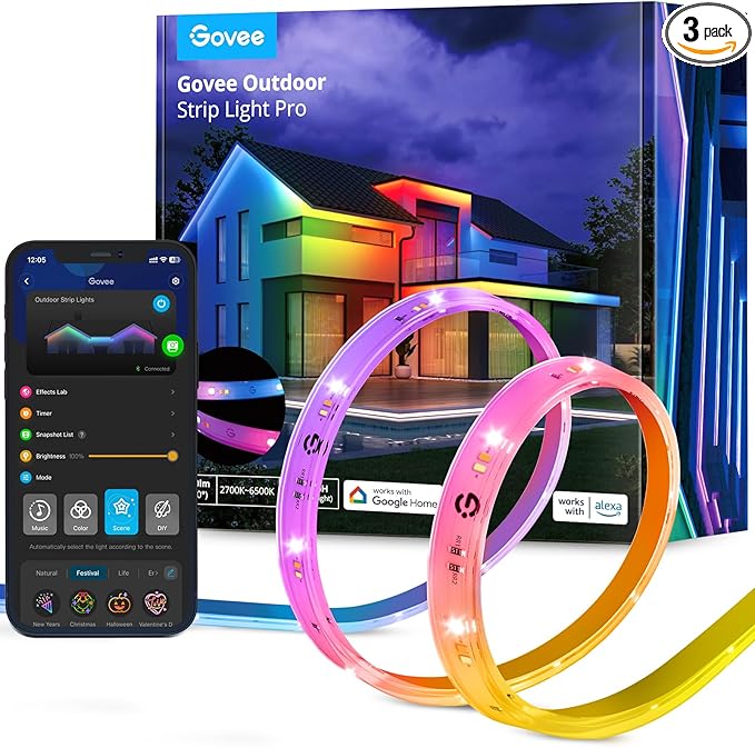 Govee Outdoor LED Strip Lights RGBIC with Warm and Cold White, 32.8ft 2.4G WiFi Smart Outdoor Lights, IP65 Waterproof, Work with Alexa and Google Assistant, App Control, for Porch, Patio, Eave, Party