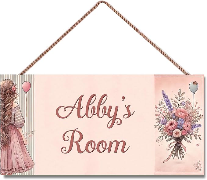 Personalized Name Sign Girl and Flowers Decor For Girls Room Baby Nursery Kids Bedroom Wood Plaque Hanging Wall Art Decor For Boys Room