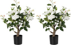Artificial Rose Flower Trees 2 Pack- 24’’ Lifelike Plant in Pot with White Flowers Decorative Rose Trees for Home, Office, Wedding, and Event Decor, White