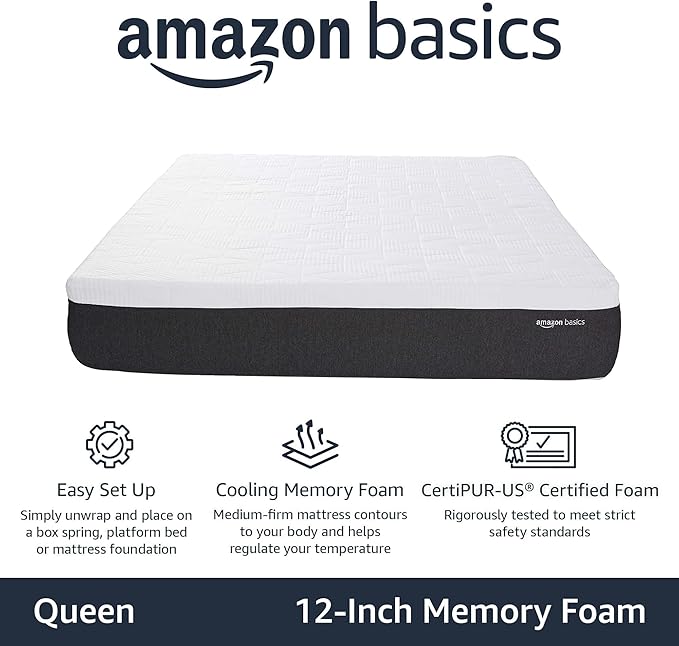 Amazon Basics Gel Memory Foam Mattress, Firm, Cooling, Queen Size Mattress, CertiPUR-US® Certified Foam, 80 x 60 x 12 inches, White/Dark Gray