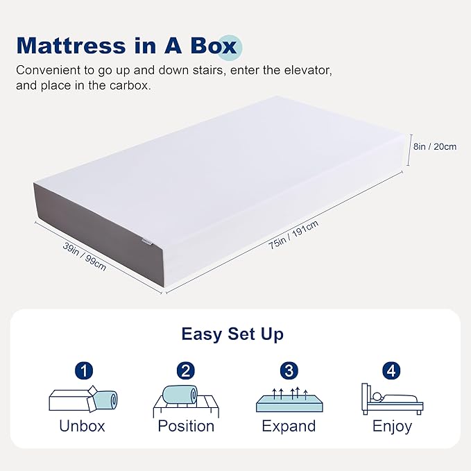 Amazon Basics Memory Foam Mattress, Medium Firm, 8 Inch, Twin, White/Grey